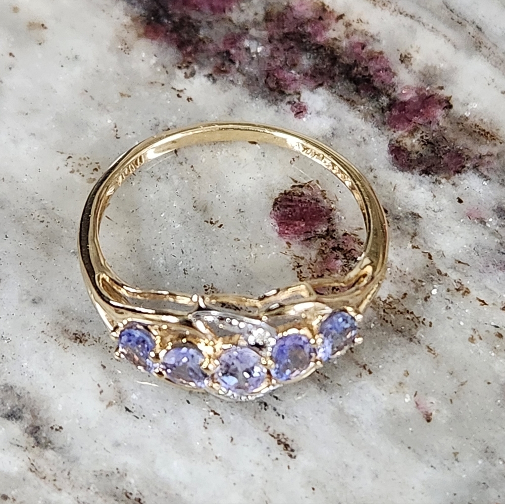 SALE Solid 14K Gold Natural 5 Stone Tanzanite Diamond Ring Sz 7 - Picture 10 of 13